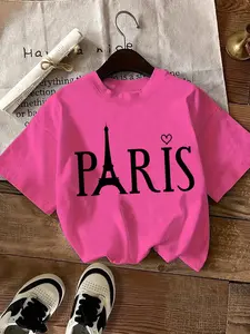 Girl's Eiffel Tower & Letter Print Round Neck Tee, Casual Short Sleeve Crew Neck T-Shirt for Summer, Kids Clothes for Daily Wear, Tops, Graphic Shirt, Cool Graphic Tee