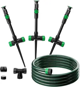 RESTMO Flexible Sprinkler System with Metal Spike Base, Above Ground DIY Irrigation Kit, Multi-Adjustable Lawn Sprinkler Set, Ideal for Plant and Flower Bed Watering, 30ft Garden Hose Included, Green