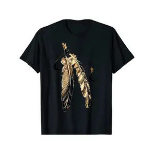 [Outdoor Adventures] Men's Southwest Native American Tribal Art Feather Graphic T-Shirt - Black Cotton Crew Neck Tee with Vibrant Yellow, Orange & Brown Feather Design, Casual & Outdoor Wear for All Seasons, Western T Shirts