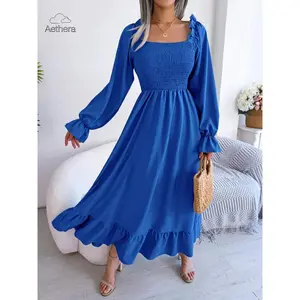 Women's Flounce Sleeve Square Neck Ruffle Hem A Line Dress, Solid Frill Trim Shirred Long Dresses, Casual Wear, Spring & Autumn Clothes