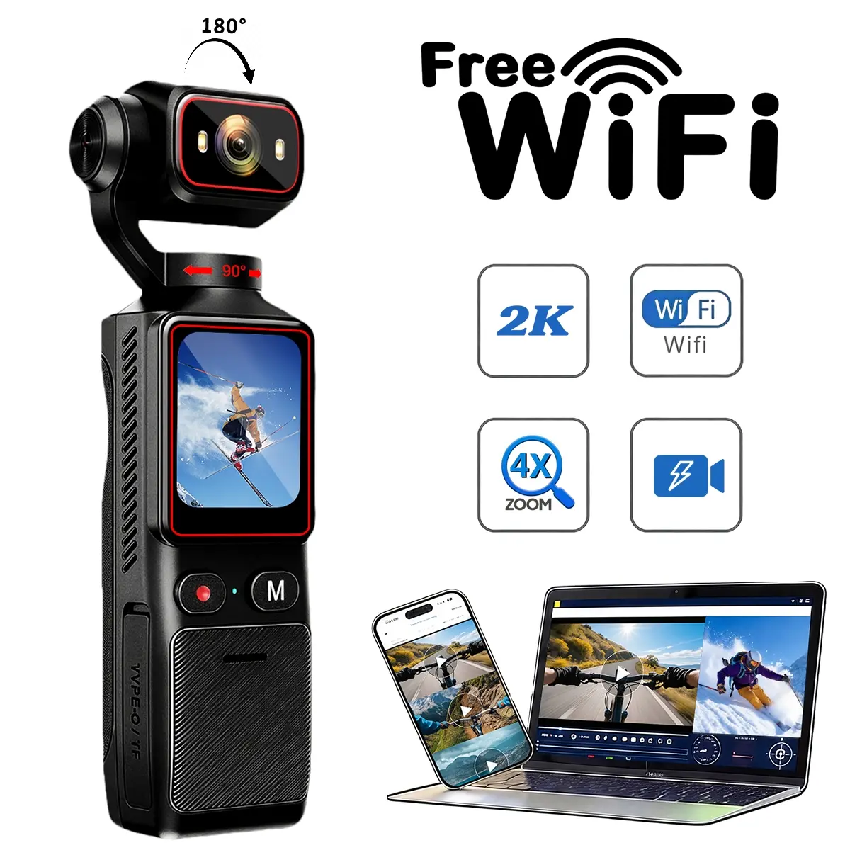 Portable 2K Pocket Camera, Vlogging Video Camera, 1.69-inch HD Display, WiFi Connection, Loop Recording, Night Vision, 2000mAh Battery, Ideal for Outdoor Sports and Daily Vlogging, Rechargeable Camera, Mini Action Camera