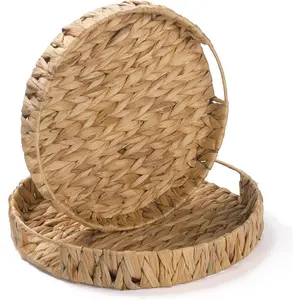 2 Pack Round Woven Tray, Water Hyacinth Serving Basket, Decorative Wicker Tray for Coffee Table, Bathroom, Living Room, Kitchen