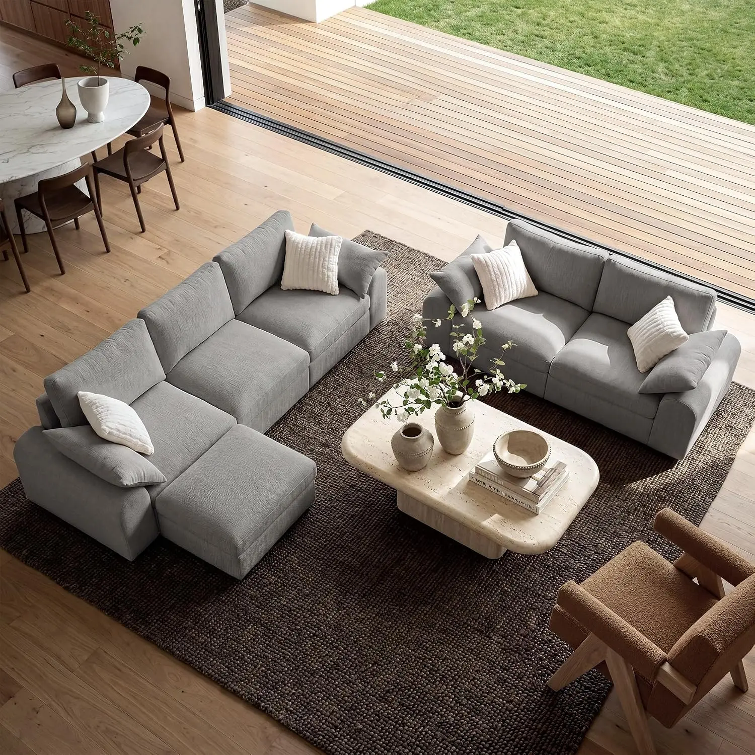 Gray 2-Piece Living Room Sofa Set - 114.1" 3-Seater Sofa, 82.6" Loveseat, Storage Ottoman, Modular Design, Removable Chenille Cover, OEKO-TEX Fabric, Tool-Free Assembly