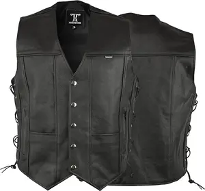 Touch&Torn Motorcycle Leather Vest for Men With Concealed Pocket Adjustable Laces Biker Riders Leather Vest