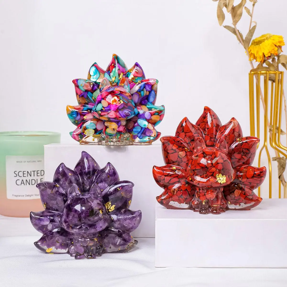 Creative Flower Design Aromatherapy Candle, Relaxing Pressure Candles, 1 Count Natural Crystal Gravel Fox Statue Dropper Resin Reiki Stone, Fengshui Sculpture Room Home Decoration, Freshener, Scented Candle