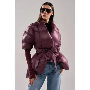 RIB SLEEVE PEPLUM PUFFER IN PURPLE