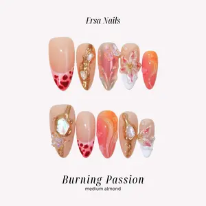 ErsaNails BURNING PASSION - Medium Almond 10 PCS Handmade Press On Nails | Metallic, 3D Flower, French Tip & Mermaid