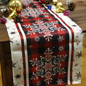 1PC Christmas Vintage Farmhouse Style Buffalo Plaid Snowflake Printed Table Runner, Red & Black Checkered Design, for Indoor Dining Table, Window Sill, Fireplace Mantel, Outdoor Garden Party Scene