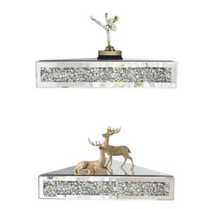 2 Pieces Mirrored Floating Corner Shelf, Silver Mirror Crushed Diamond Wall Art Decor Accent Decorative Metal Shelves Bling
