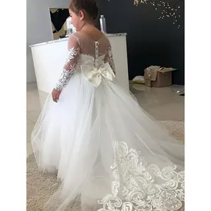 Girls' Summer Dress Princess Skirt Flower Girl Wedding Dress with Train and Ruffle Hem
