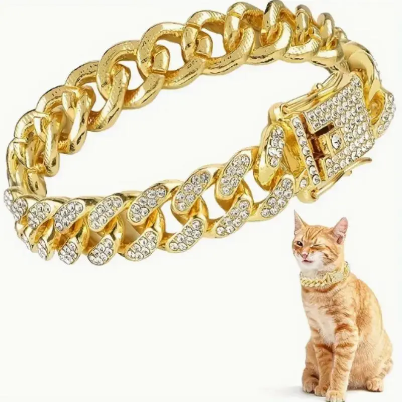 Luxury Imitation Diamond Pet Collar, Cuban Chain Cat Dog Puppy Accessory, Hip Hop Style Daily Wear Party Decoration