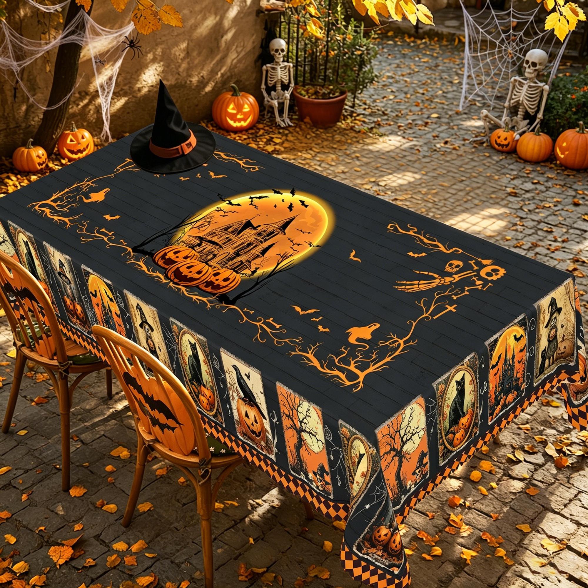 BOOPBEEP Halloween Printed Tablecloth - Vintage Farmhouse Style, Pumpkin & Black Cat Patterns, Rectangular/Round Dining/Kitchen Cover, Nostalgic Halloween Decor, Brunches Indoors Use, Holiday Gift, Pumpkin Ghost Pattern Kitchen Linen Sets, Decoration, Ind