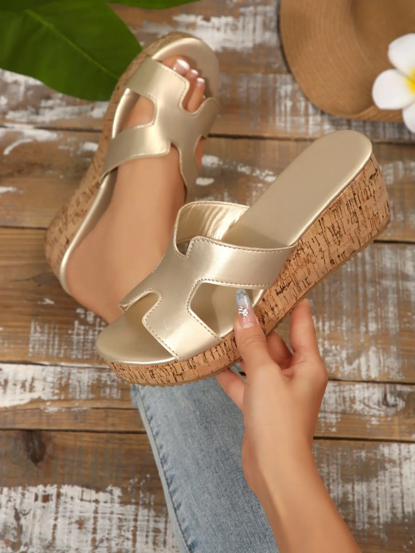 Gold H-Strap Cork Wedge Slide Sandals - Platform Heel Flip Flops for Women