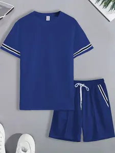 Men's Royal Blue Contrast Stripe Home Loungewear, Pajama 2-Piece Set - Crew Neck Short-Sleeve T-Shirt (Black-White Cuff Trim) + Drawstring Waist Shorts (Side Stripe Detail), Soft Breathable Fabric, Relaxed Fit, Casual, Ideal for Weekend Lounging Homewear