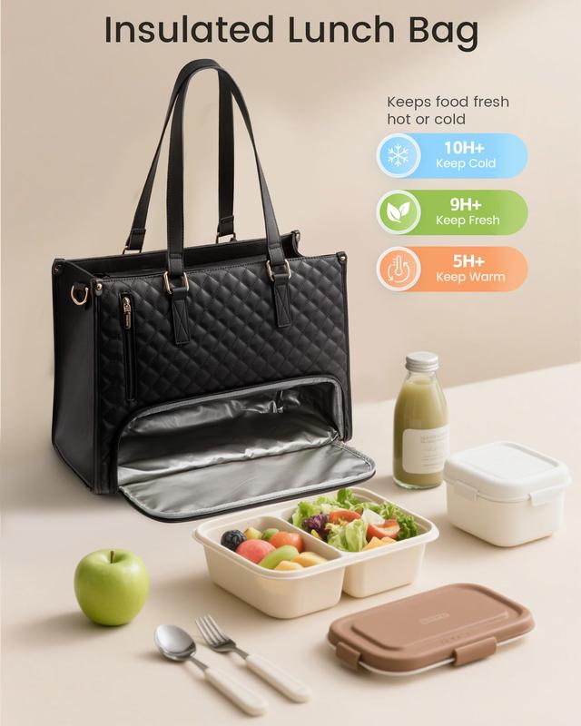 Large Women's Lunch Bags with Insulated Compartment 15.6" Laptop Tote Bag with Leakproof Lunch Box Pocket Work Bag Handbag Black Quilted Design Travel Essentials