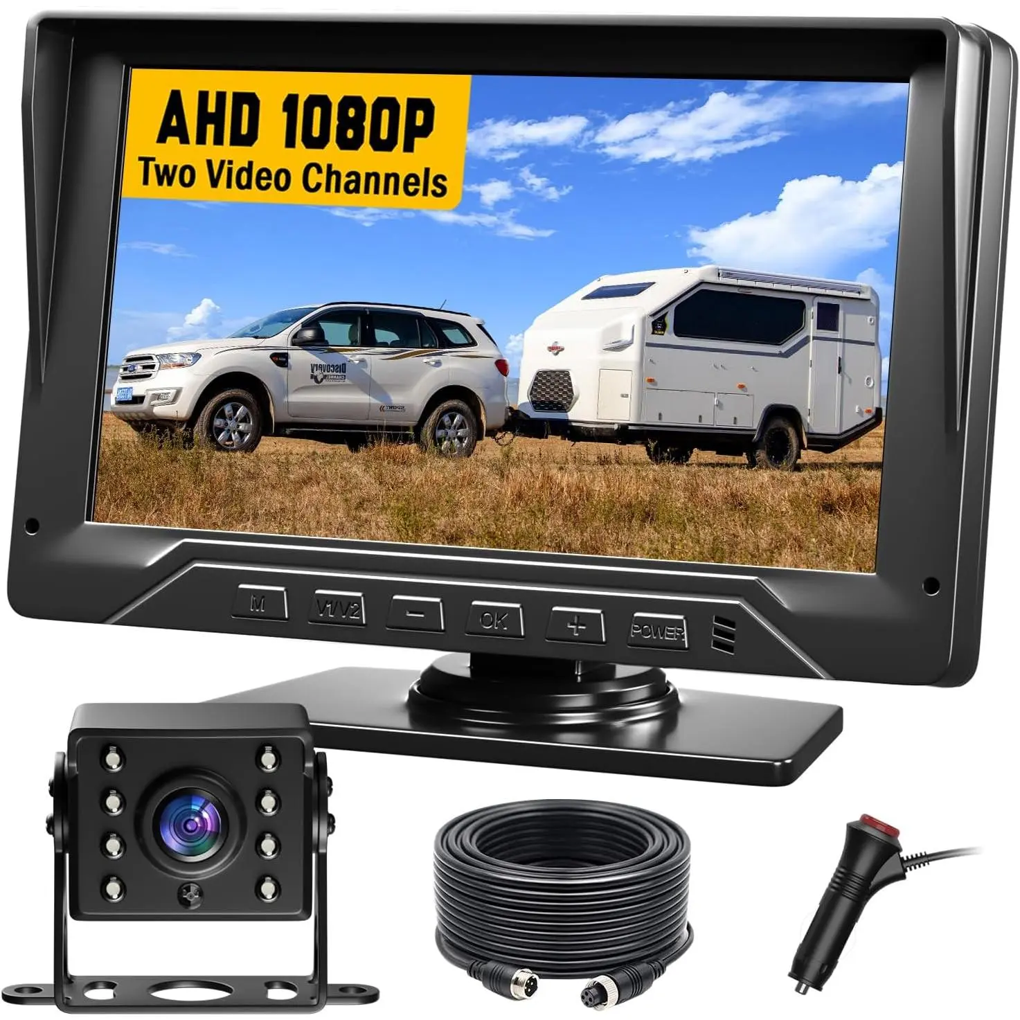 RV Backup Camera Plug and Play, 7'' Backup Camera for  Trailer, No Delay, 1080P HD, 2 Channels, 150? Wide Angle, DIY Guide Lines, Night Vision, IP69 Rear View Camera