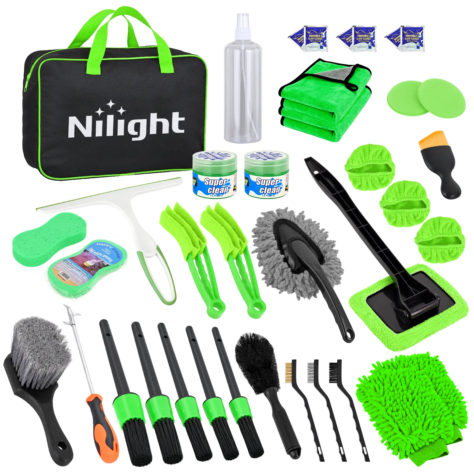Nilight 37PCS Car Cleaner Kit with Convenient Storage Carry Bag, Automotive Interior-Exterior Deep Cleaning Tools for Windshield, Dashboard, Seat, Air Vents, Wheels, Tires, Green, Father's Day/Birthday Gifts