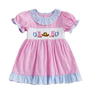 Western Baby Clothes Toddler Girls Gingham Cowgirl Dress Short Sleeve Ruffled Collar Hat Boots Gingham Smocked A Line Birthday Party Dresses