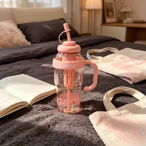 New Giant Summer Handle Plastic Cup, Cute Large Capacity Ice Cup, Heat-Resistant Straw Cup, Portable Plastic Water Bottle, Daily Use