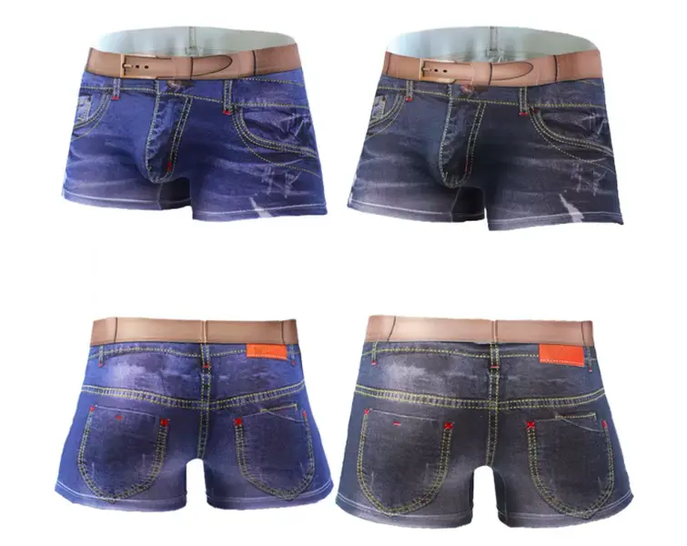 Men 3D Printed Denim Boxer Briefs – Mid-Waist Breathable Trunks