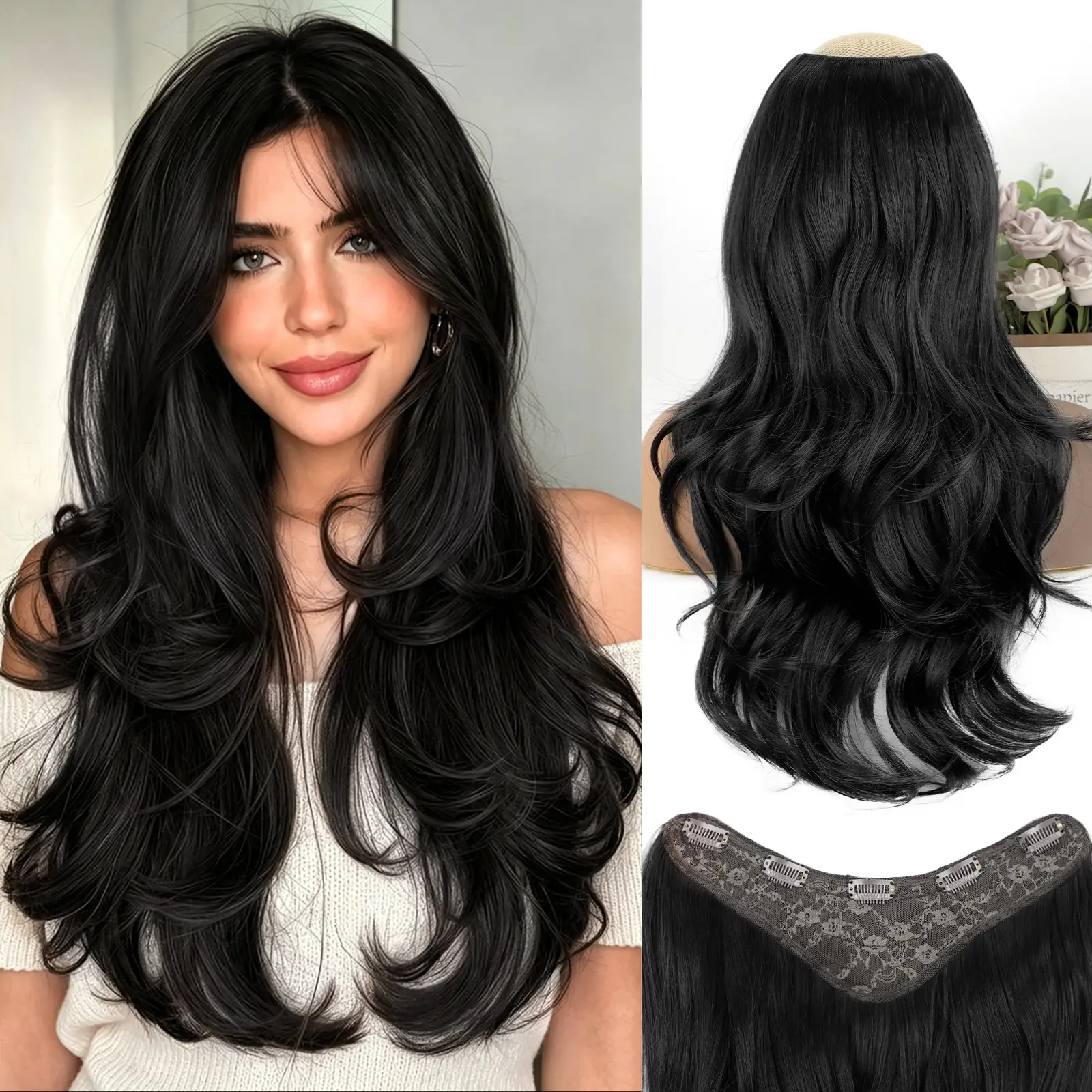 MAQUIUAGE Women's 20-in Invisible Clip-in Hair Extensions, Dark Brown Wavy Body Wave Premium Synthetic Seamless Extensions, Glueless for Thick Volume, Daily Wear & Versatile Occasions, All Seasons, Invisible Hair Extensions