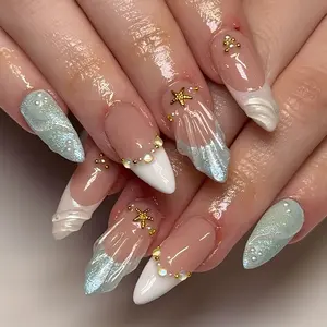 Mermaid French Tip Press On Nails, 3D Seashell Starfish Nails, Y2K Pearl Ocean Blue Chrome Almond Nails