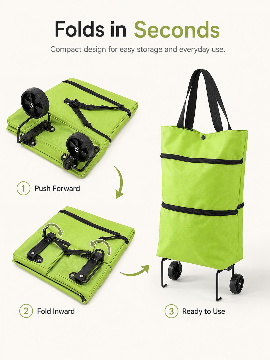 Foldable Shopping Trolley Bag with Wheels, Portable Reusable Grocery Tote, Lightweight Rolling Shopping Cart Bag with Carry Handles for Supermarket, Travel, Laundry and Daily Use