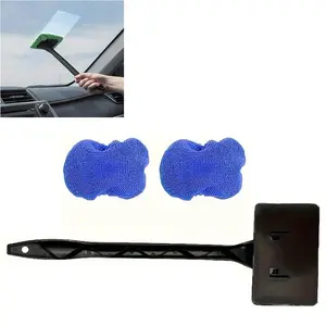 Windshield Cleaning Wand – Car Window & Interior Cleaner | 3-Piece Kit with Reusable Microfiber Pads & Brush (Blue)