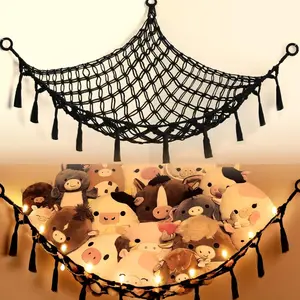 Stuffed Animal Net or Hammock with Light Macrame Hanging Net Hammock for Stuffed Animal Toy Storage Organizer Boho Decor Room Holder for Nursery Play Room Bedroom Black(55"*55"*72" )
