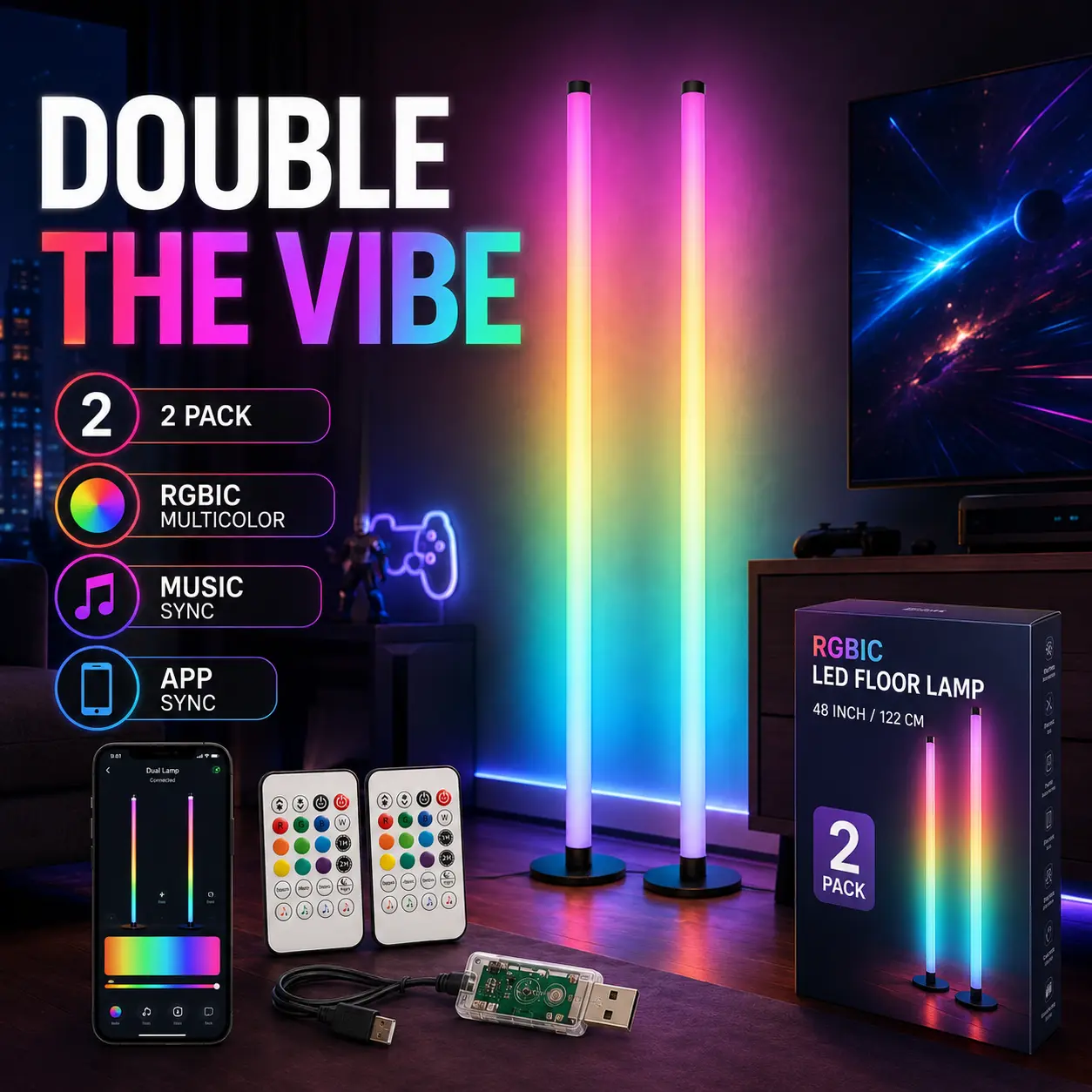 2 Pack Smart RGB Corner Floor Lamp, 47 Inch Color Changing LED Ambient Light with Bluetooth App & Remote Control, Music Sync Mood Light for Gaming Room Bedroom Living Room Decor