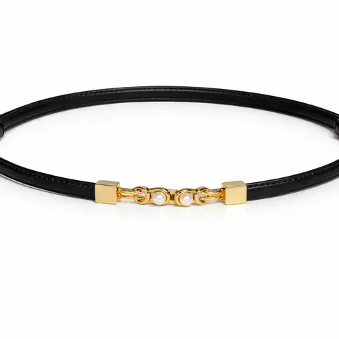 Women’s Fashion Belt - 0.4 Inch Chic Minimalist Slim-Strap Double-Wrap Waist Tie, High-Quality PU Leather with Pearl Accent, Gold-Tone Front Clasp, Adjustable 24-37 Inches Fit for Dresses & Cardigans