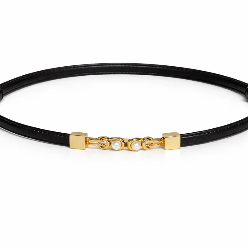 Women’s Fashion Belt - 0.4 Inch Chic Minimalist Slim-Strap Double-Wrap Waist Tie, High-Quality PU Leather with Pearl Accent, Gold-Tone Front Clasp, Adjustable 24-37 Inches Fit for Dresses & Cardigans