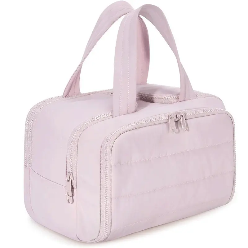 Women's Ins Style 4-in-1 Polyester Puffy Makeup Bag - High-Capacity Home Organizer with Handle, Built-in Organizer, Brush Pouch, 2 Front Zippered Pockets, Easy to Take and Keep Items Fabric Bag for Business Travel, Daily Outdoor Carry, Large