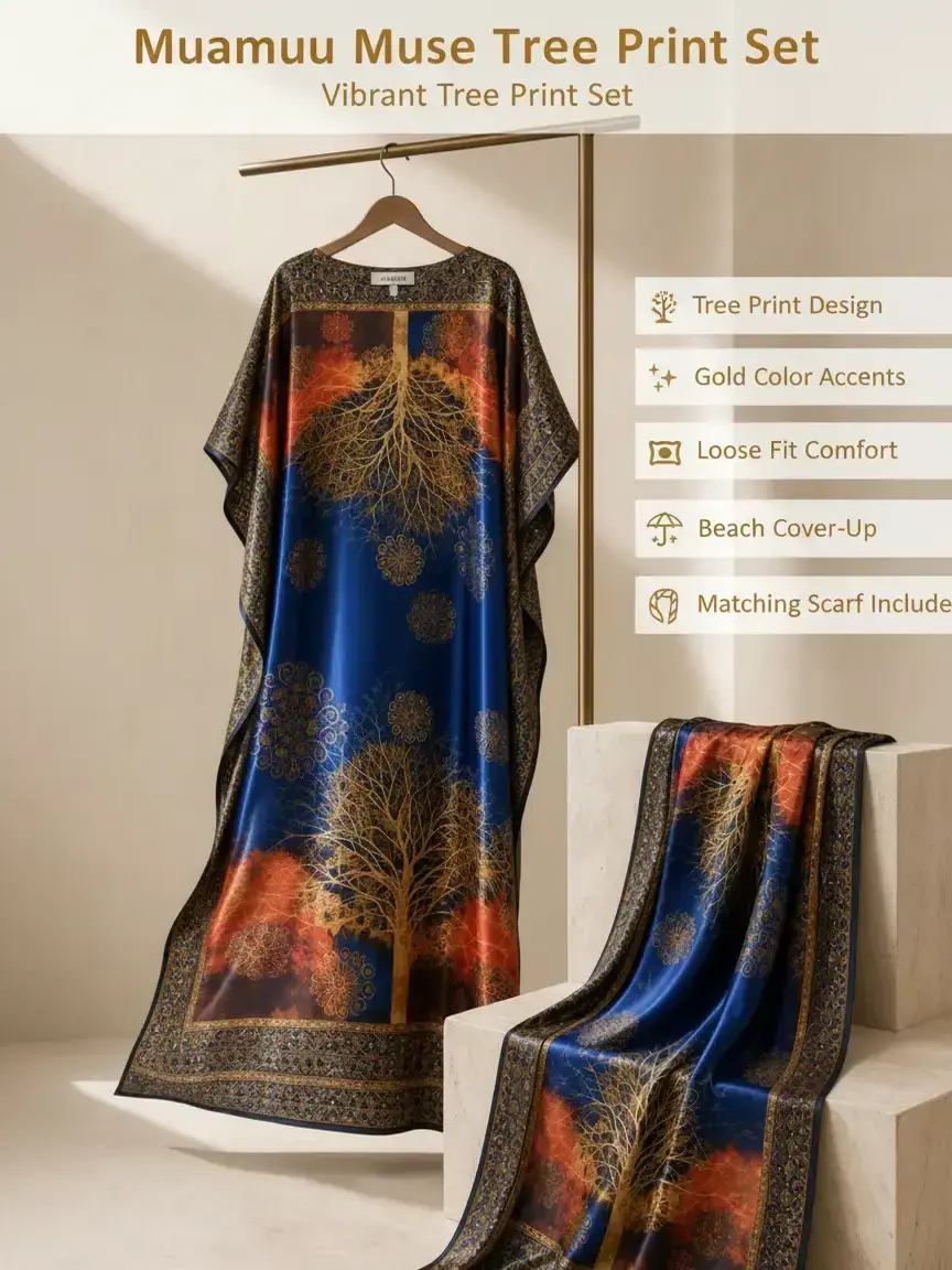 Women's Colorful Tree Print Caftan Dress Set, Comfortable Moomoo Robe with Loose Drape & Matching Scarf for Vacation, Beach Cover Up, Casual, Printed, Statement, Moo Moo Dress