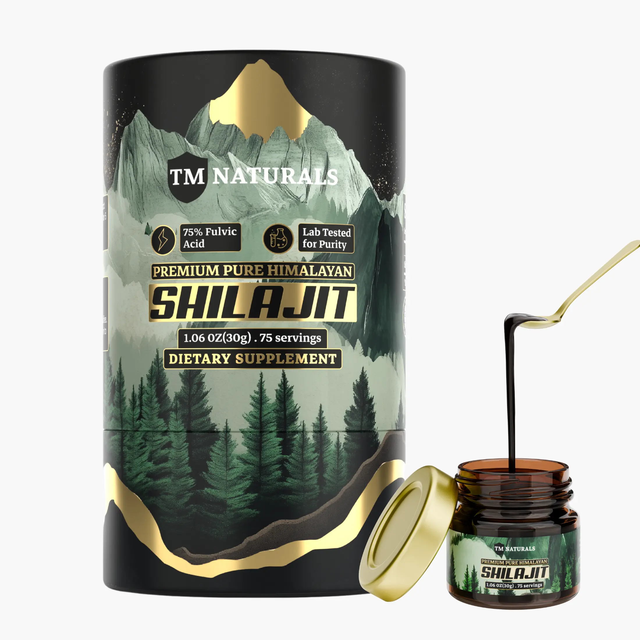 TM Naturals Pure Himalayan Shilajit Resin - 75% Fulvic Acid, 85+ Trace Minerals, Supports Vitality & Stamina - Includes Steel Spoon, 30g, Lab Tested for Purity