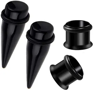 1/2" 12MM Stainless Steel Black Tapers Stretching and Tunnels Ear Gauging Kit with O-Ring 2 Pairs