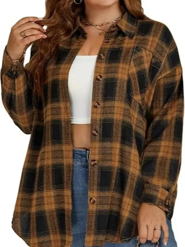 DOLNINE Women Plus Size Plaid Flannel Shirts Early Fall Button Down Long Sleeve Shacket Tops Oversized Blouses XL-5XL VPS0174