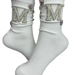 M initial pearl and rhinestone socks