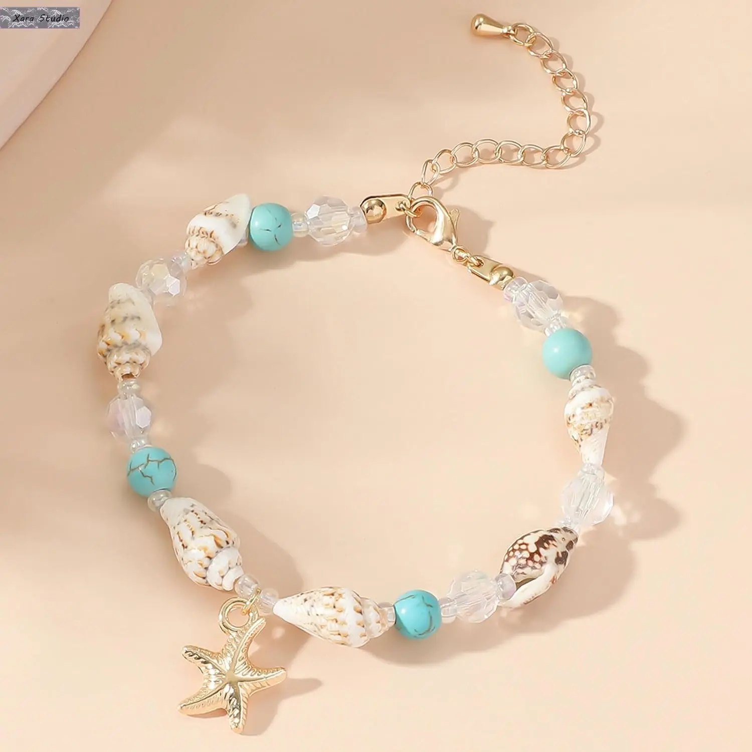 Boho Beach Shell Bracelet for Women, Turquoise Crystal Rice Bead Bracelet with Starfish Charm, Coastal Summer Jewelry, Trendy Conch Shell Beaded Bracelet for Vacation, Resort, Festival Outfit Accessories