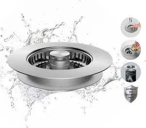 SUS304 Stainless Steel 3 in 1 Kitchen Sink Drain Strainer Stopper with One-Button Water Storage, Pop-Up Anti-Clog Filter Basket, Durable Material