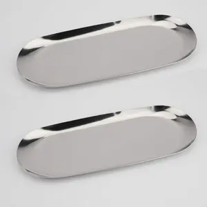 Stainless Steel Decorative Tray Set of 2, 9 Inch Oval Silver Tray, Jewelry Dish Cosmetics Organizer Bathroom Storage Serving Platter