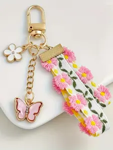 Heart Daisy & Butterfly Keychain Accessory,Stylish Keychain,Lace Jacquard Floral Keychain Heart Pendant Flowers Ribbon Embroidery Strap Keyring Charm Bag Pendant for Backpack Purse Accessory Gif