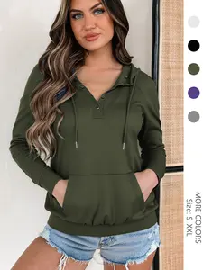 USBoutique Chic Women's Plain Half Button Raglan Sleeve Hoodie Casual Long Sleeve Drawstring Pocket Hooded Sweatshirt for Fall Ladies Clothes for Daily Wear Black Fitted Minimalist Tops