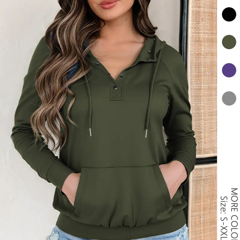 USBoutique Chic Women's Plain Half Button Raglan Sleeve Hoodie Casual Long Sleeve Drawstring Pocket Hooded Sweatshirt for Fall Ladies Clothes for Daily Wear Black Fitted Minimalist Tops