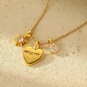Zircon-Accent Heart Love Letter Mom Pendant Necklace - Stainless Steel Collarbone-Sweater Chain, Elegant Creative Daily Wear Costume Jewelry, Cute Good Mothers Day Gift Ideas for Mom