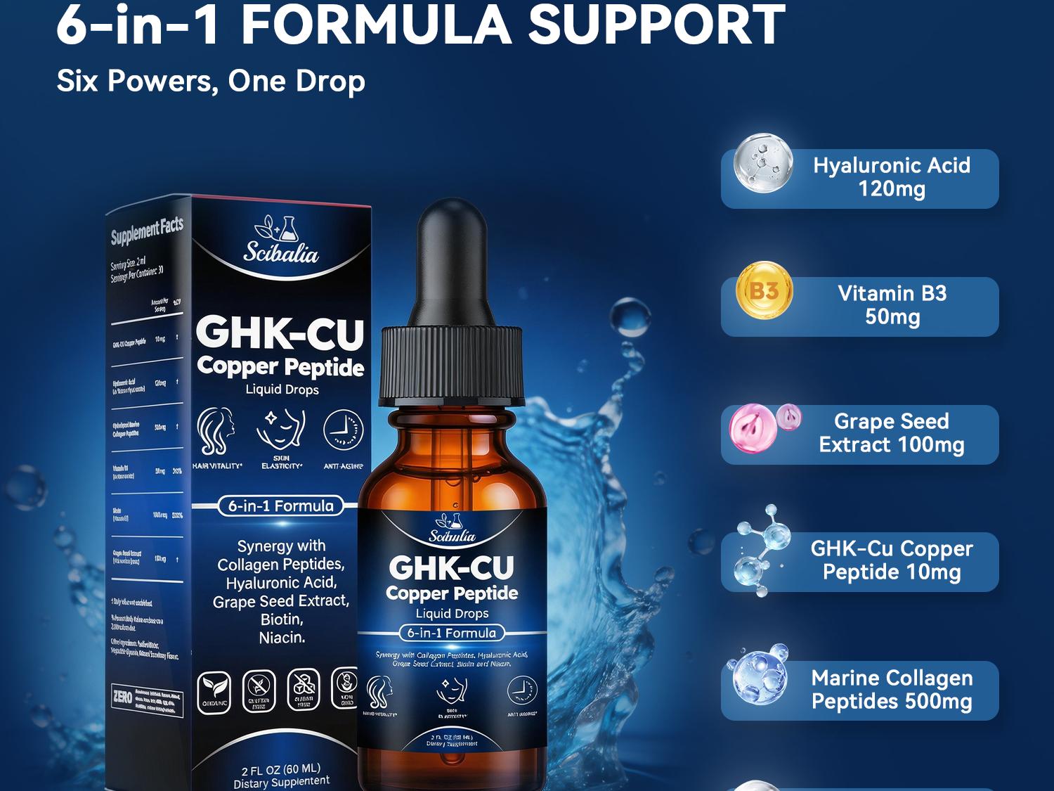 ghk cu drops GHK-CU Peptides Supplement Oral Drop, Pro 6-in-1 GHK CU Copper Peptides  with Hydrolyzed Marine Collagen Hyaluronic Acid Biotin Grape Seed Extract  for Hair Growth Skin Elasticity & Anti-Aging Women Men