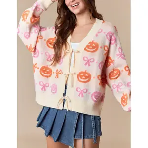 Women’s Halloween Knit Cardigan – Stylish Ghost & Pumpkin Design, Ribbed Trim, Front Bow Tie, V-Neck, Long Sleeves