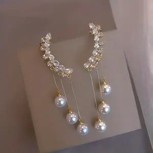 Luxurious Full Rhinestone Tassel Imitation Pearl Earrings Ear Clips Earcuffs Women's Gift Fashion Jewelry