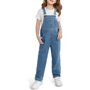 Girls Denim Overalls Kids Sleeveless Jumpsuits Rompers Crisscross Bib Overall with Pockets 5-14 Years