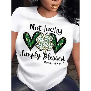 Women's Cotton Short-Sleeve Graphic Tee, Clover Heart Faith Print, "Not Lucky Simply Blessed" Slogan, Cute St. Patrick's Day Casual Everyday Streetwear Top
